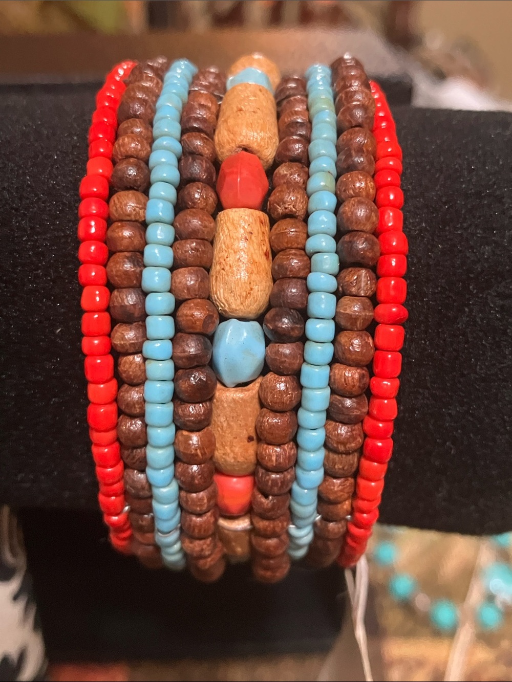 Boho Multi-Strand Red, Turquoise & Brown Beaded Bracelet